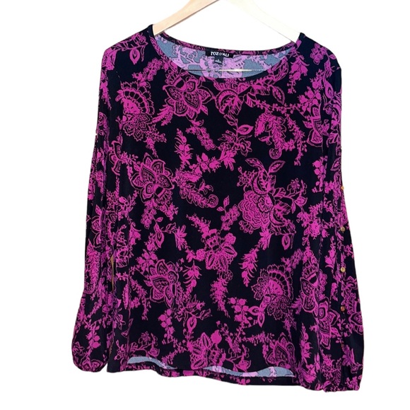 •ROZ & ALI•NWOT BLACK & PINK FLORAL WITH GOLD STUD SCOOPNECK BLOUSE SIZE LARGE - Picture 1 of 9